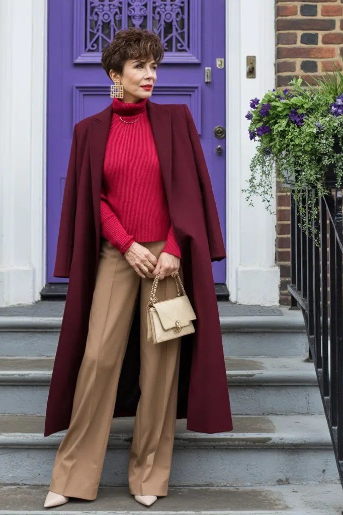 Burgundy Long Coat with Red Turtleneck and Tan Trousers, fall 2026 outfit for women over 60