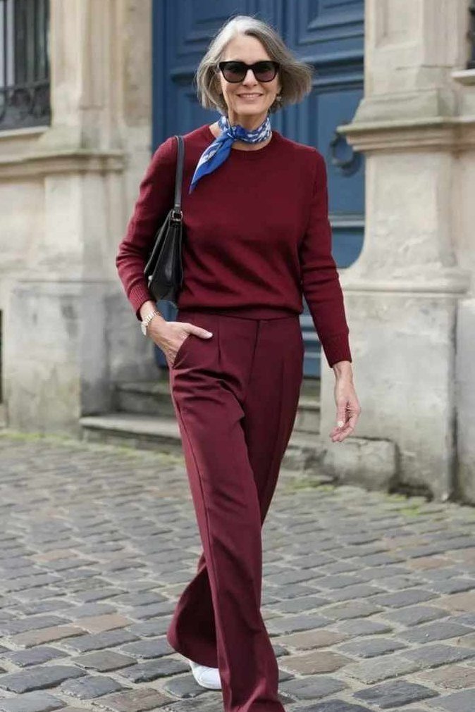 Burgundy Knit Set with Blue Scarf, fall 2026 outfit for women over 60