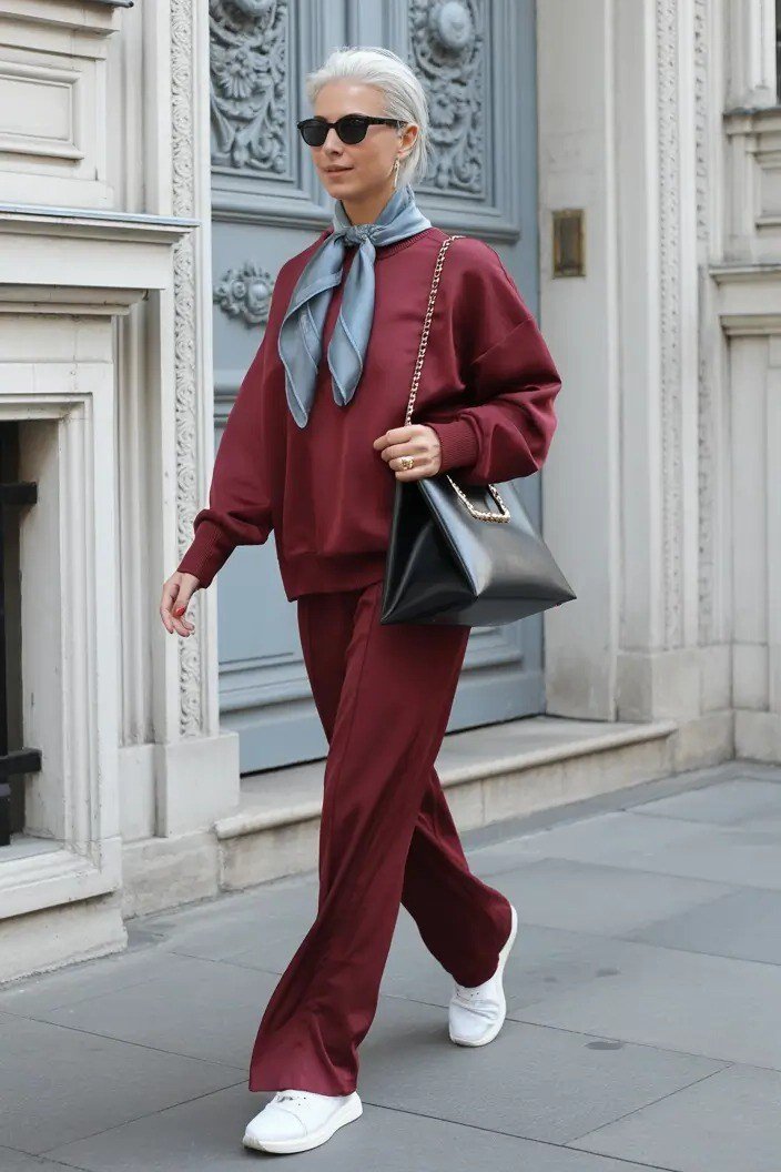 Burgundy Sweatshirt Set with Light Blue Scarf and White Sneakers, fall 2026 outfit for women over 60