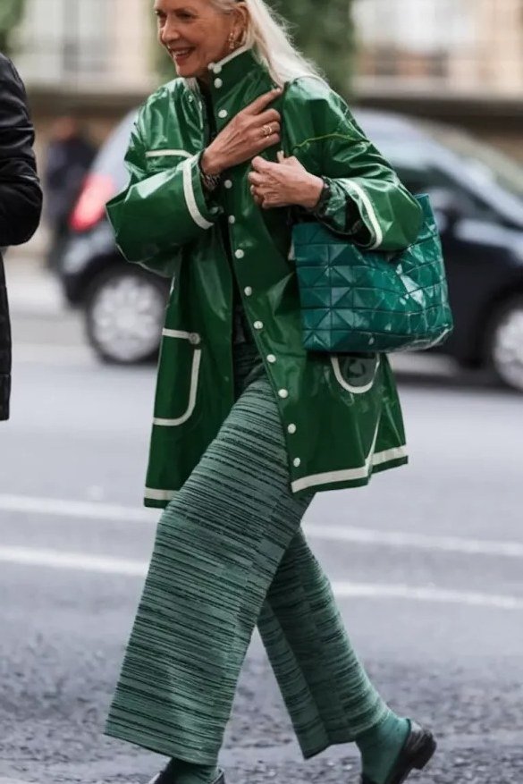 Emerald Green Coat with Striped Green Trousers, fall 2026 outfit for women over 60