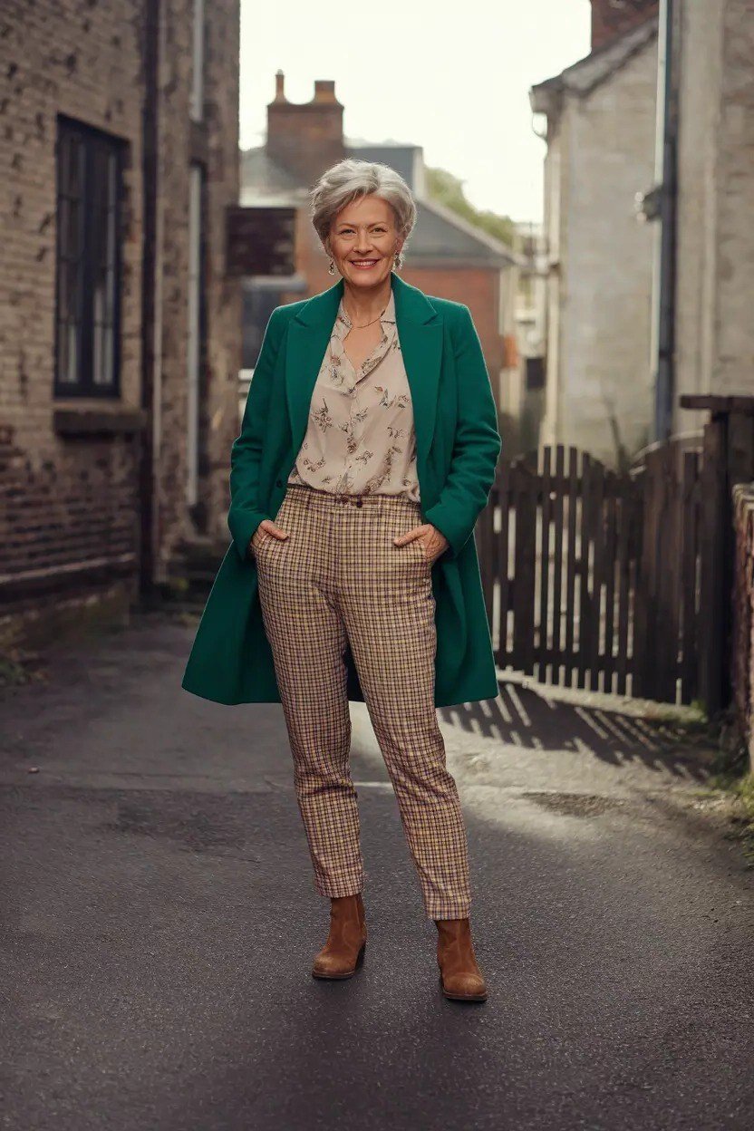 Teal Blazer with Beige Top and Tan Check Trousers, fall 2026 outfit for women over 60