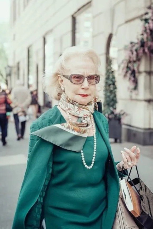 Emerald Coat with Patterned Scarf and Pearls, fall 2026 outfit for women over 60