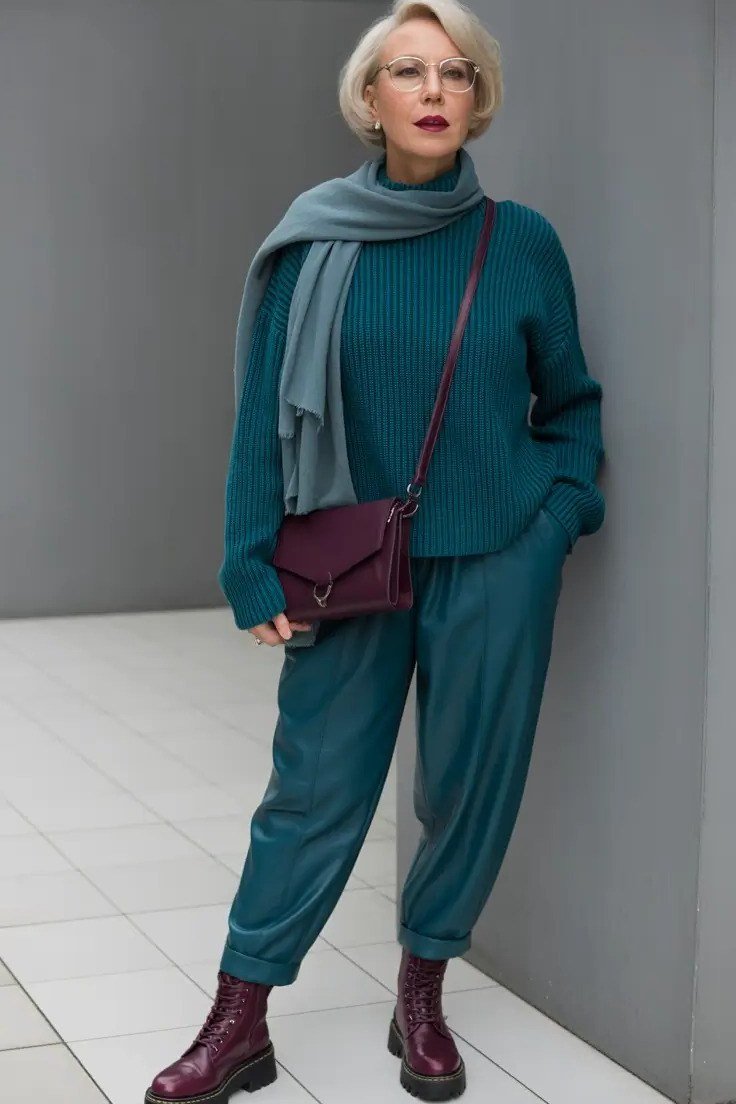 Teal Knit Sweater and Jogger Set with Burgundy Boots, fall 2026 outfit for women over 60