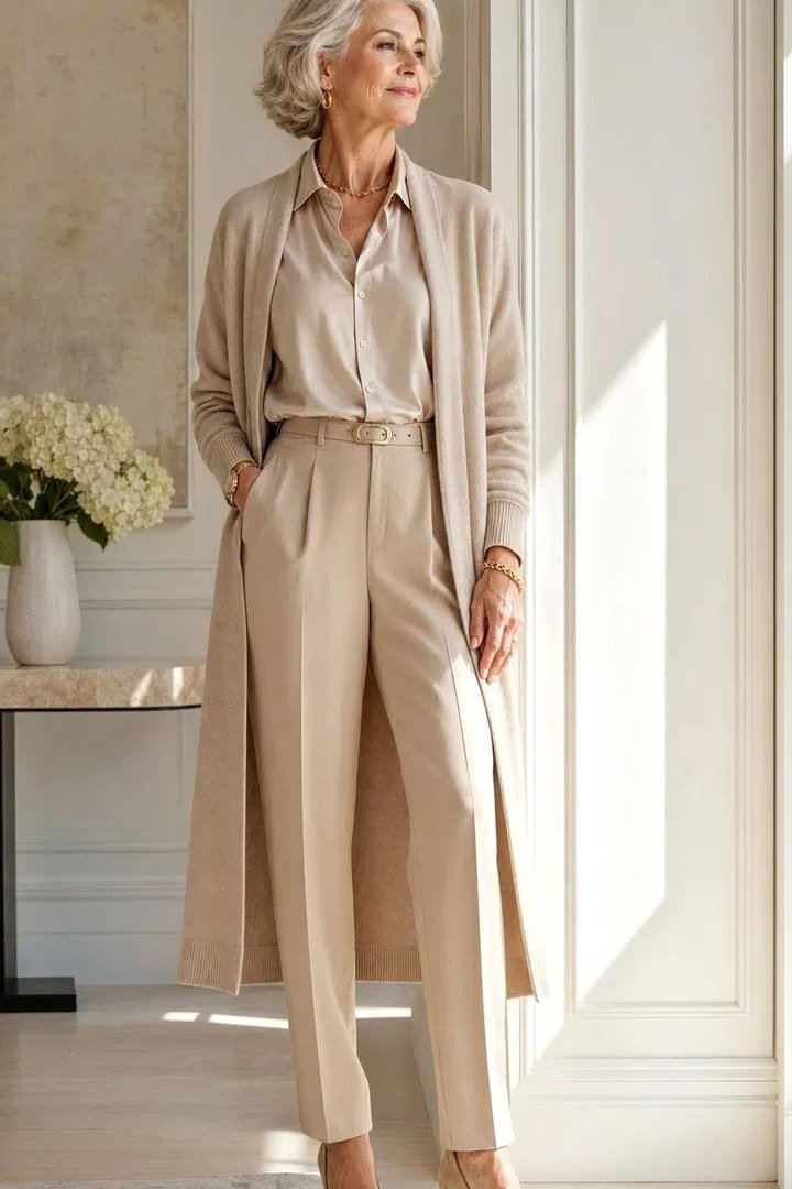 Beige Monochrome Blazer Suit, fall 2026 outfit for women over 60
