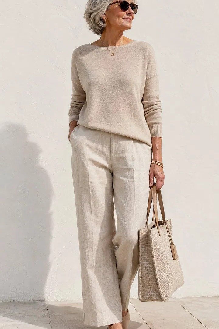 Beige Knit Sweater and Wide-Leg Trouser Set with Tote, fall 2026 outfit for women over 60