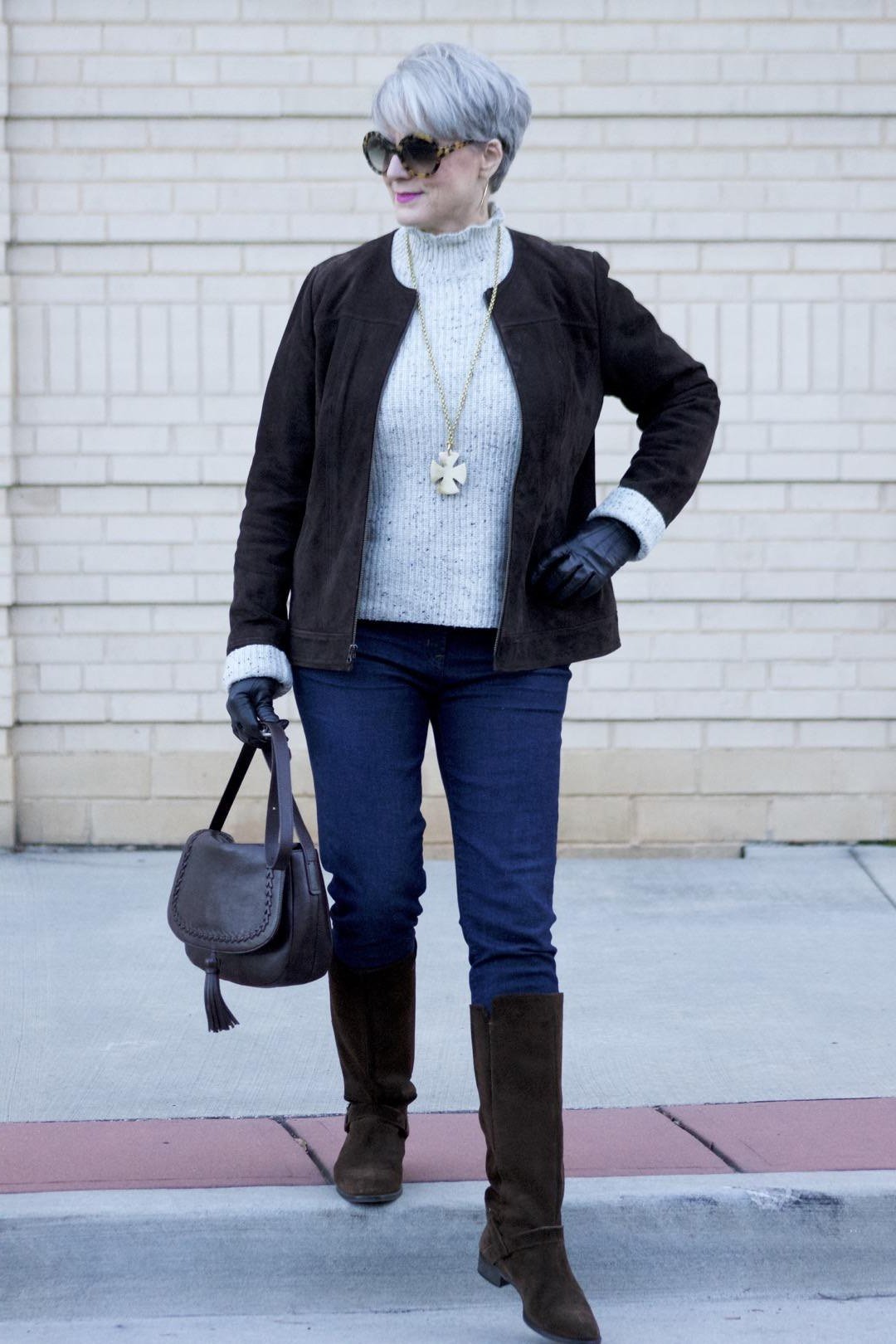 Black Quilted Jacket with Grey Turtleneck and Jeans, fall 2026 outfit for women over 60