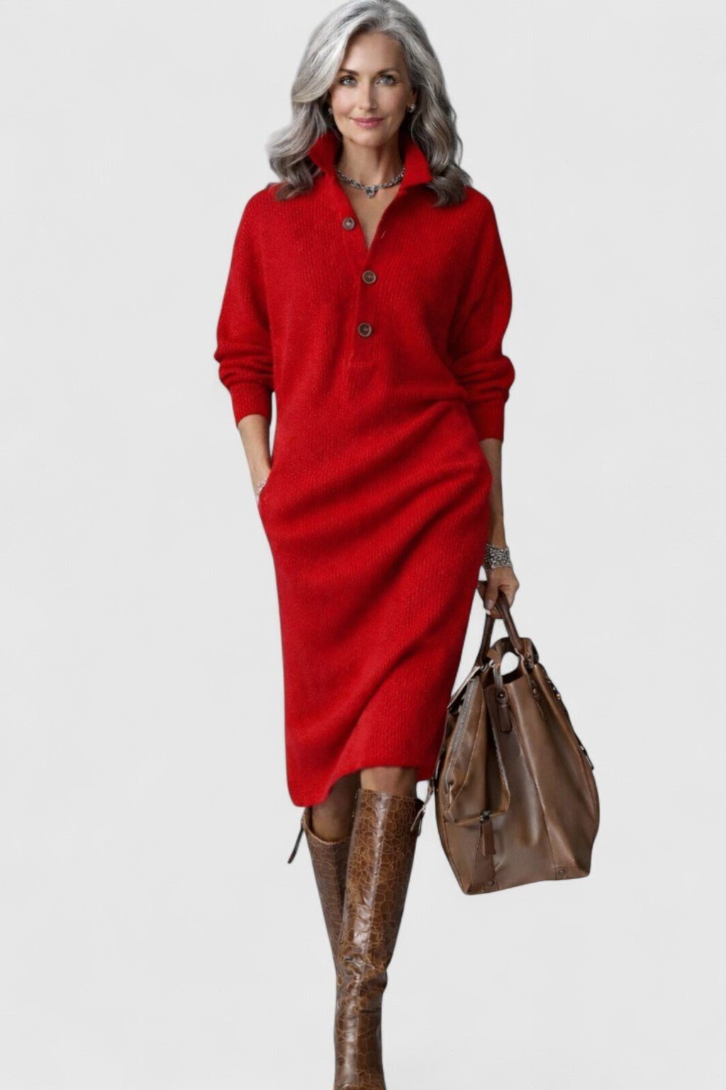 Red Knit Midi Dress with Tall Brown Boots, fall 2026 outfit for women over 60