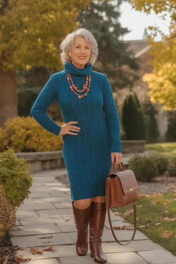 Teal Turtleneck Knit Dress with Amber Necklace, fall 2026 outfit for women over 60