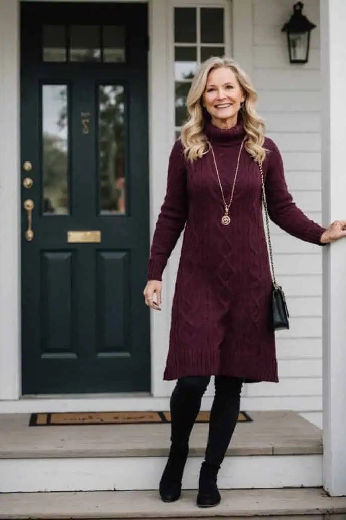 Burgundy Cable-Knit Midi Dress with Tall Black Boots, fall 2026 outfit for women over 60