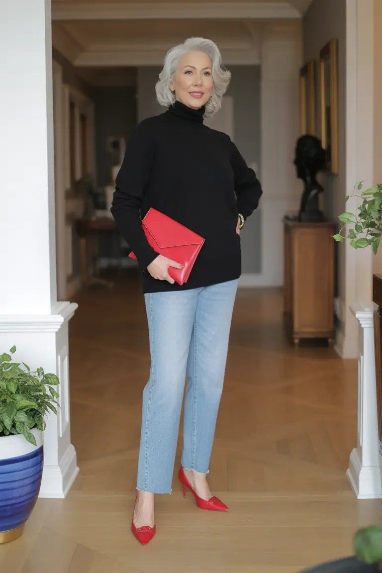 Black Turtleneck with Light-Wash Jeans, Red Heels and Clutch, fall 2026 outfit for women over 60