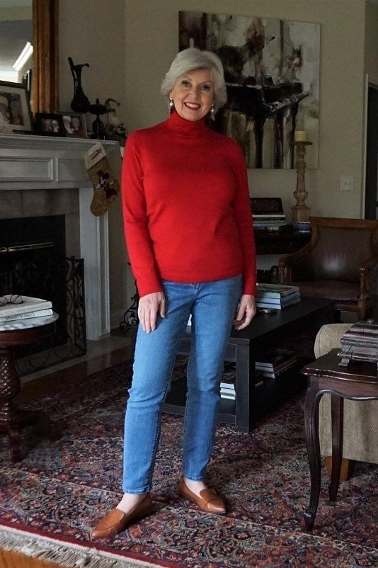 Red Turtleneck Sweater with Blue Jeans and Tan Loafers, fall 2026 outfit for women over 60