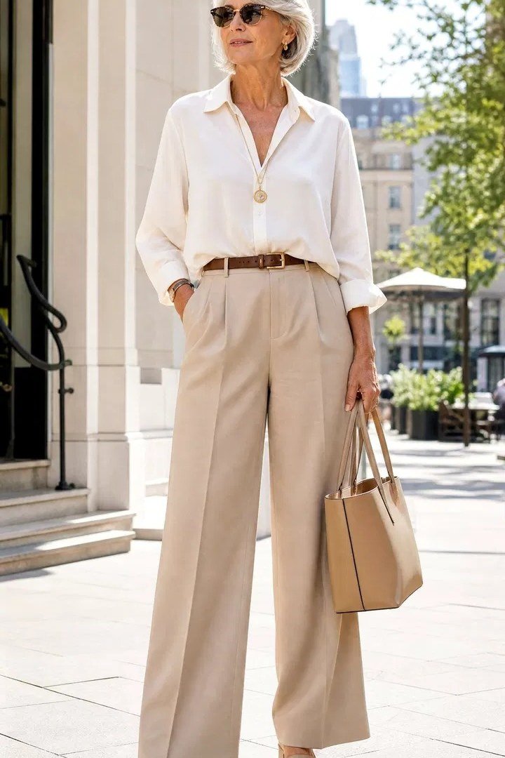 White Shirt with Beige Wide-Leg Trousers and Tan Tote, fall 2026 outfit for women over 60