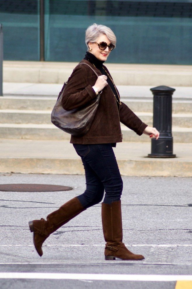 Brown Suede-Look Jacket with Dark Trousers and Tall Boots, fall 2026 outfit for women over 60