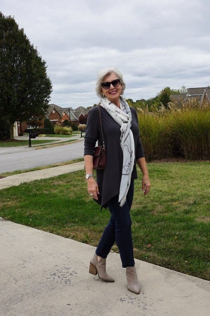 Grey Knit Cardigan with Patterned Scarf and Dark Jeans, fall 2026 outfit for women over 60