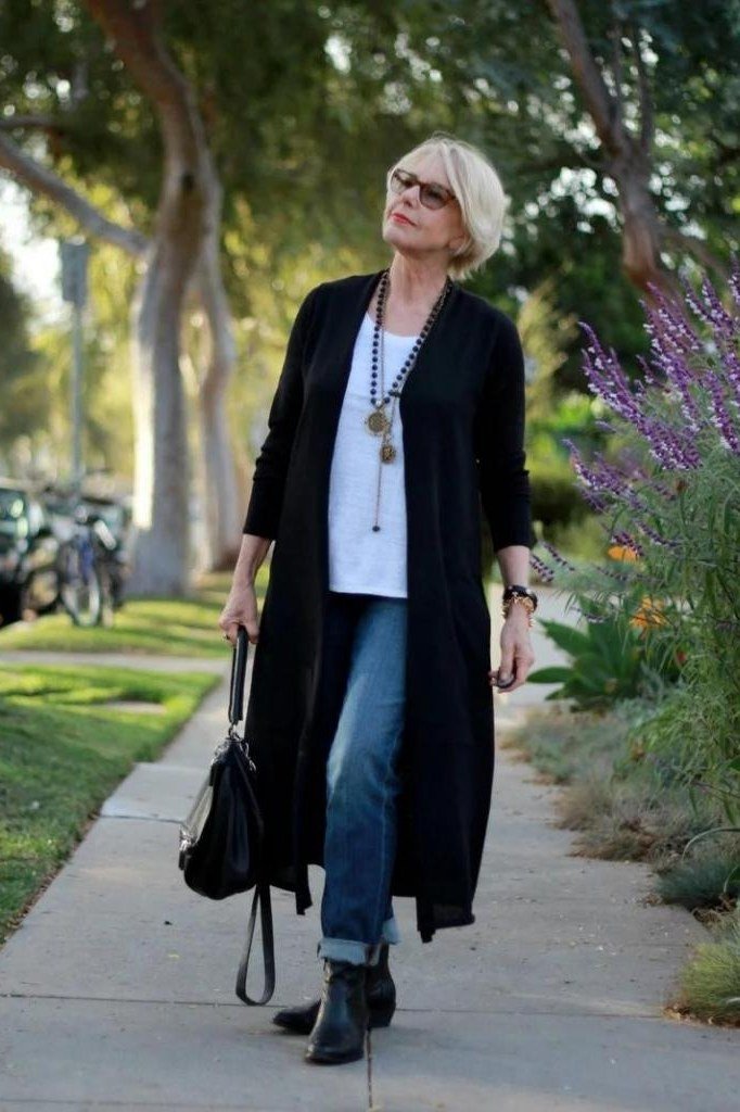Black Long Open Cardigan with White Top and Jeans, fall 2026 outfit for women over 60