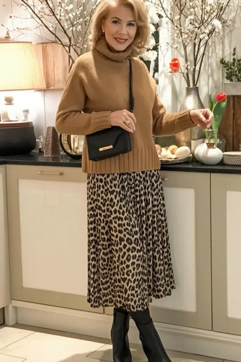 Camel Turtleneck Sweater with Leopard-Print Midi Skirt and Black Boots, fall 2026 outfit for women over 60