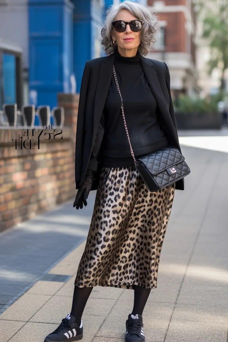 Black Top with Leopard-Print Midi Skirt, Black Tights and Heels, fall 2026 outfit for women over 60
