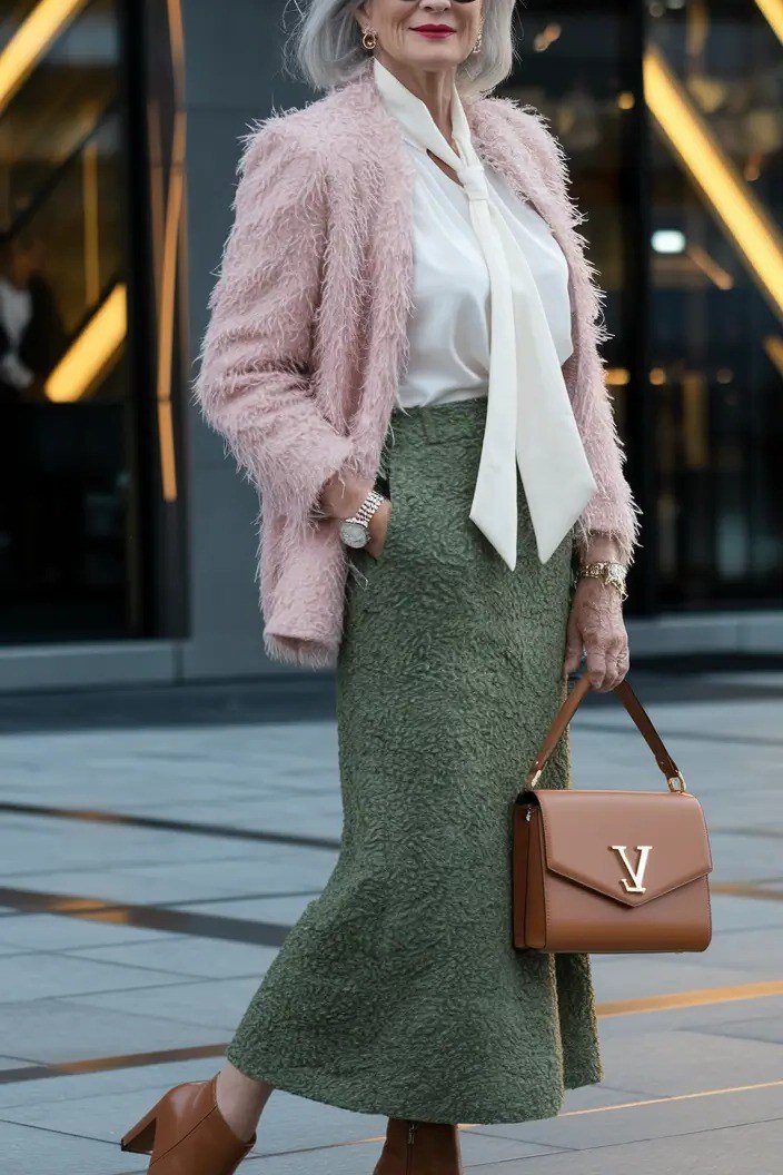 Pink Boucle Jacket with Sage Green Midi Skirt, fall 2026 outfit for women over 60
