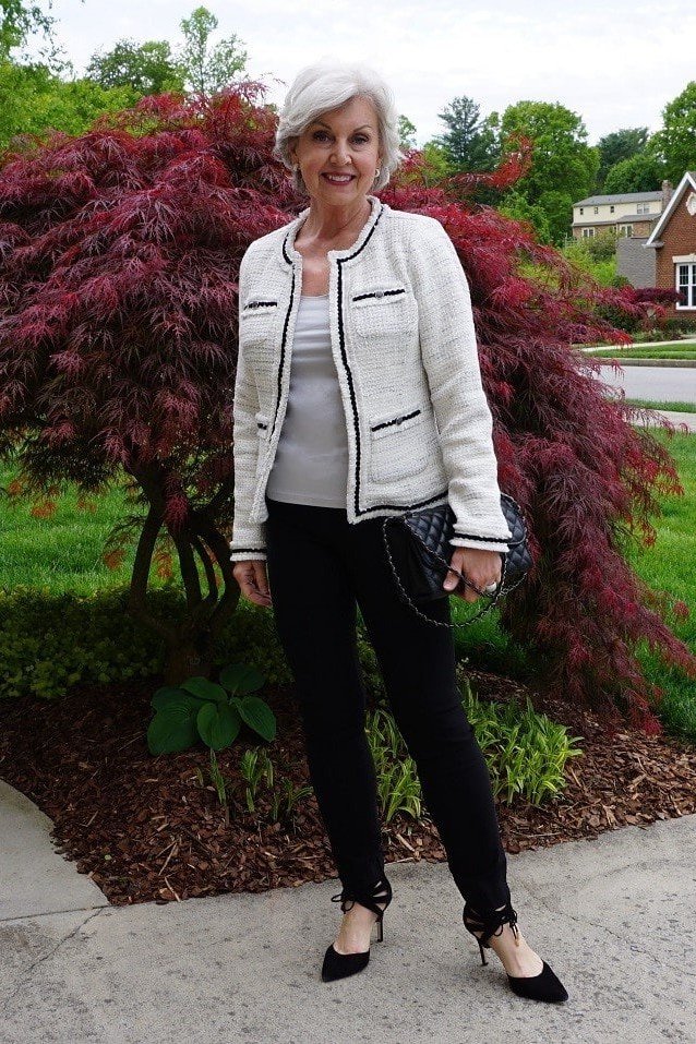 White Tweed Jacket with Black Trousers and Black Heels, fall 2026 outfit for women over 60