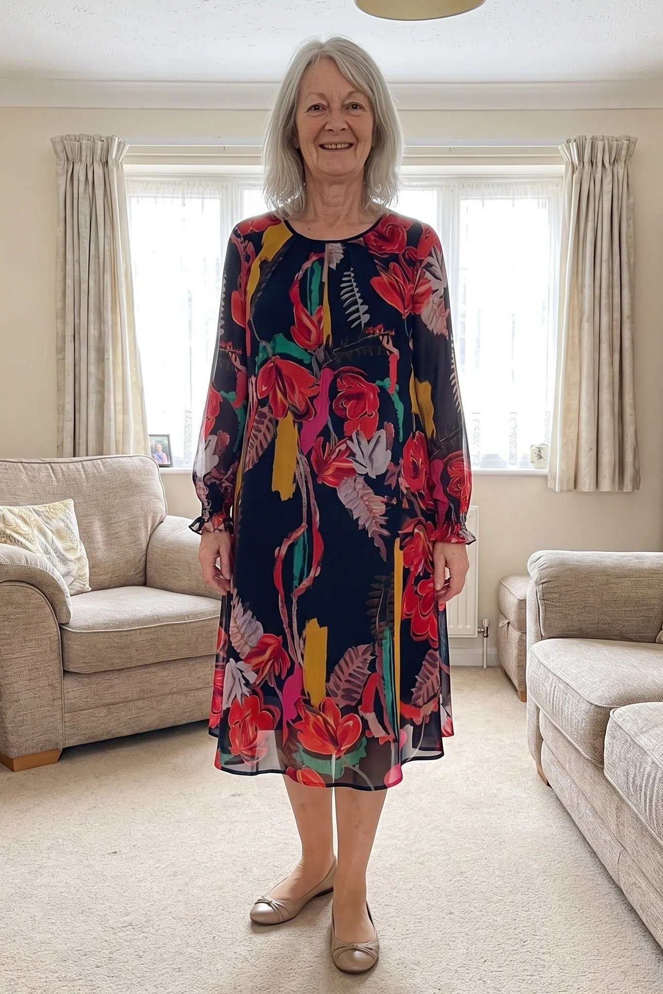 Navy Maxi Dress with Red Floral Print, fall 2026 outfit for women over 60