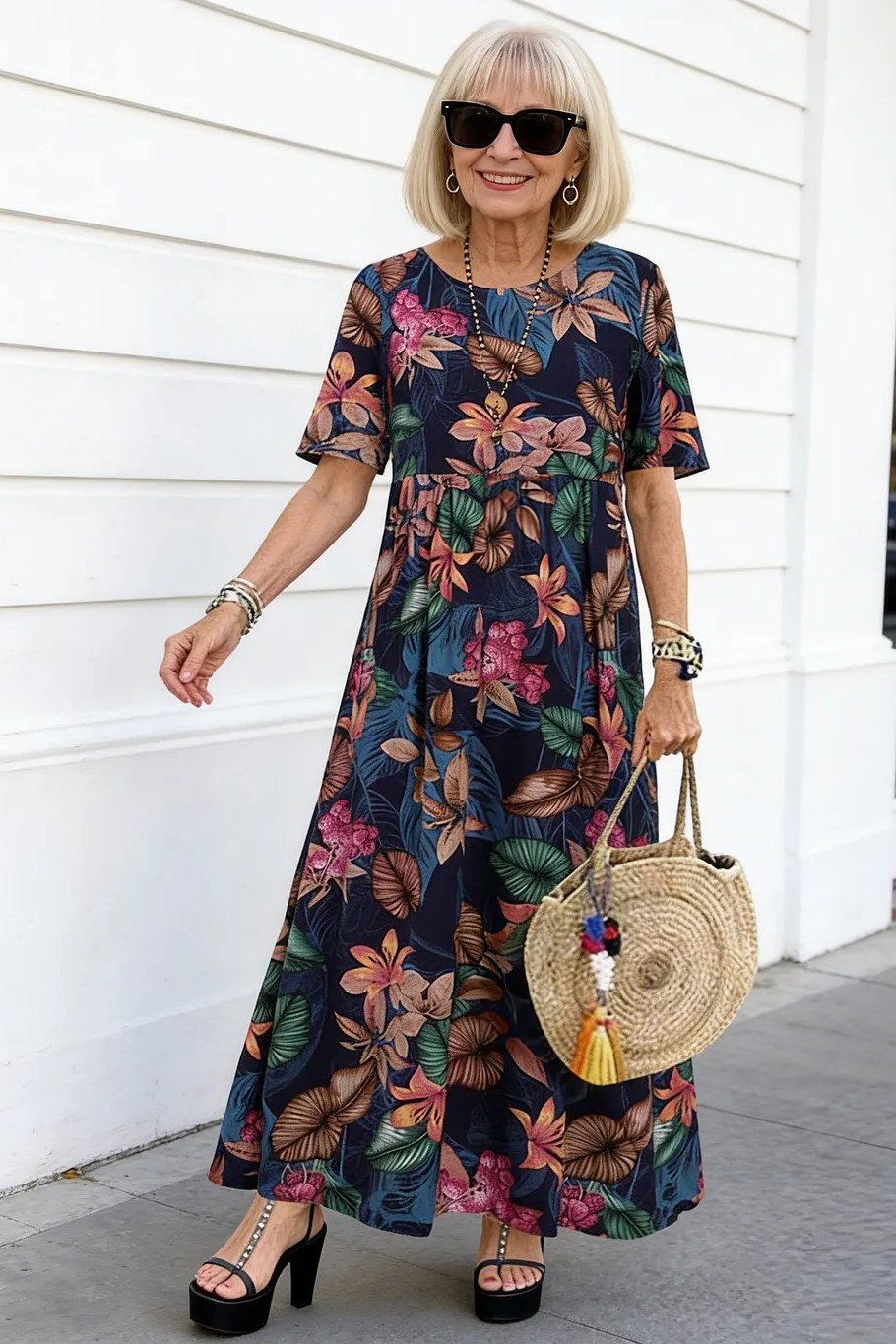 Navy Maxi Dress with Multicolor Floral Print and Straw Bag, fall 2026 outfit for women over 60