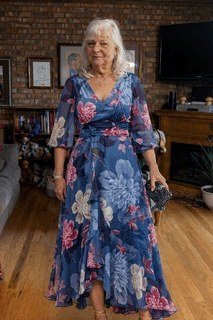 Blue Maxi Dress with Large Floral Print, fall 2026 outfit for women over 60