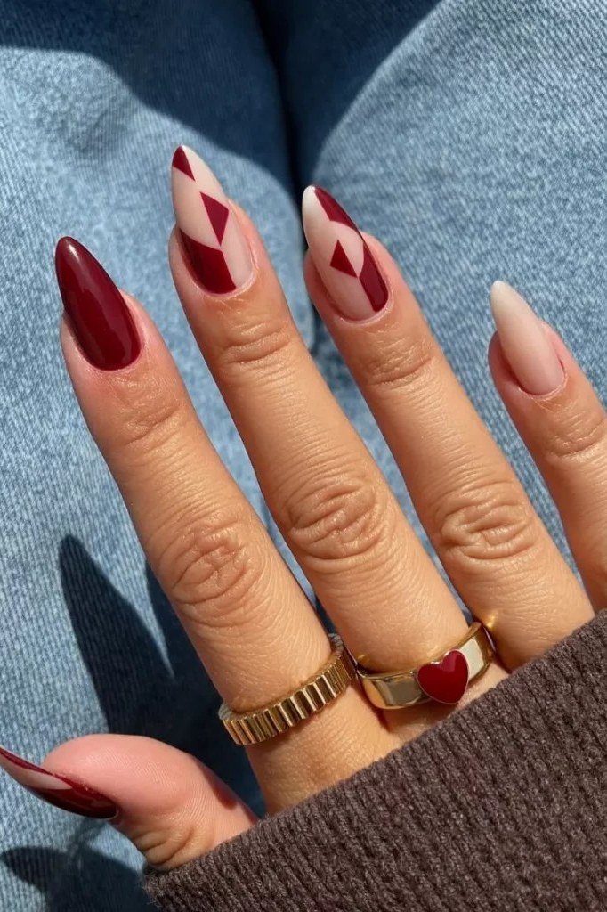 Burgundy Geometric Nail Art, fall nail color for women over 60