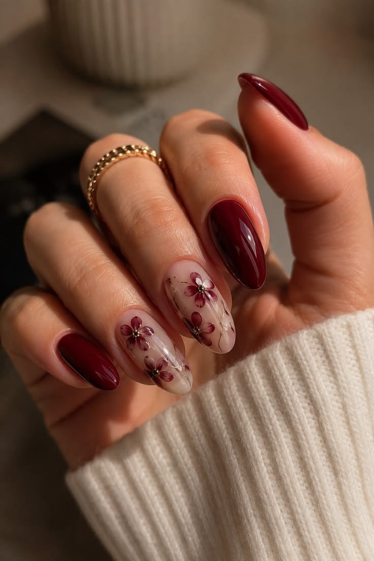 Oxblood with Delicate Floral Art, fall nail color for women over 60