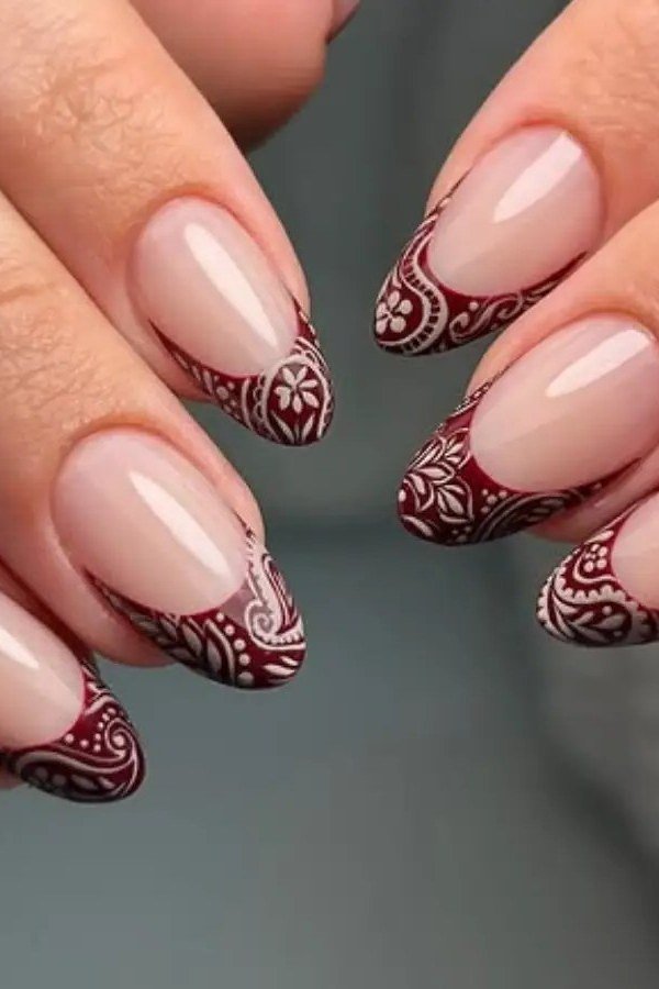 Burgundy Glitter French Tips, fall nail color for women over 60
