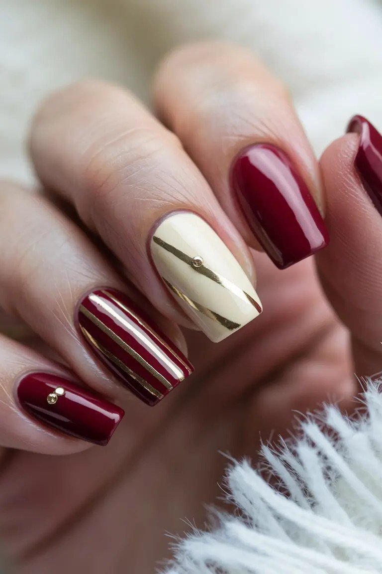 Burgundy with Gold Chrome Stripes, fall nail color for women over 60