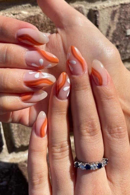 Orange French Swirls, fall nail color for women over 60