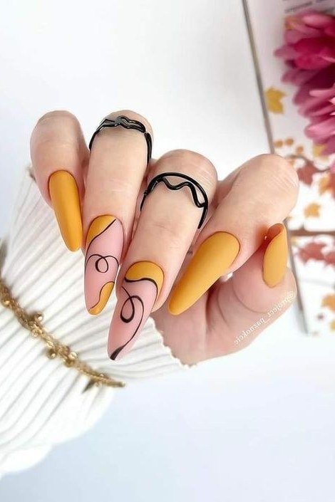 Mustard Swirl Art, fall nail color for women over 60