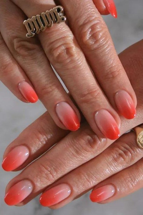 Coral Ombre on Mature Hands, fall nail color for women over 60