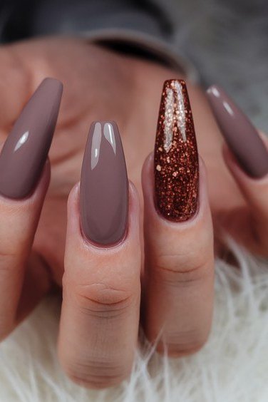 Taupe with Copper Glitter Accent, fall nail color for women over 60