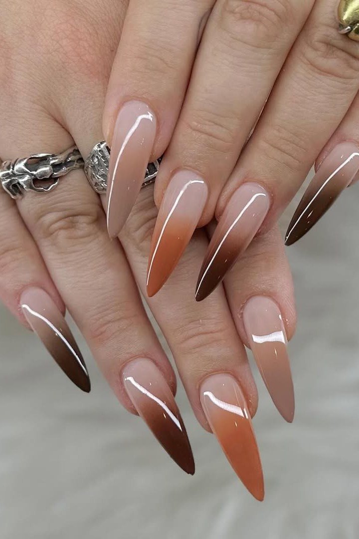 Coffee Ombre Stiletto, fall nail color for women over 60