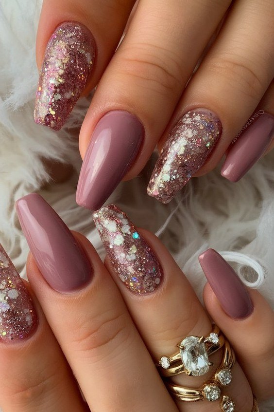 Mauve with Rose Gold Glitter, fall nail color for women over 60