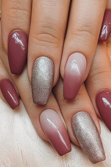 Berry with Champagne Glitter, fall nail color for women over 60