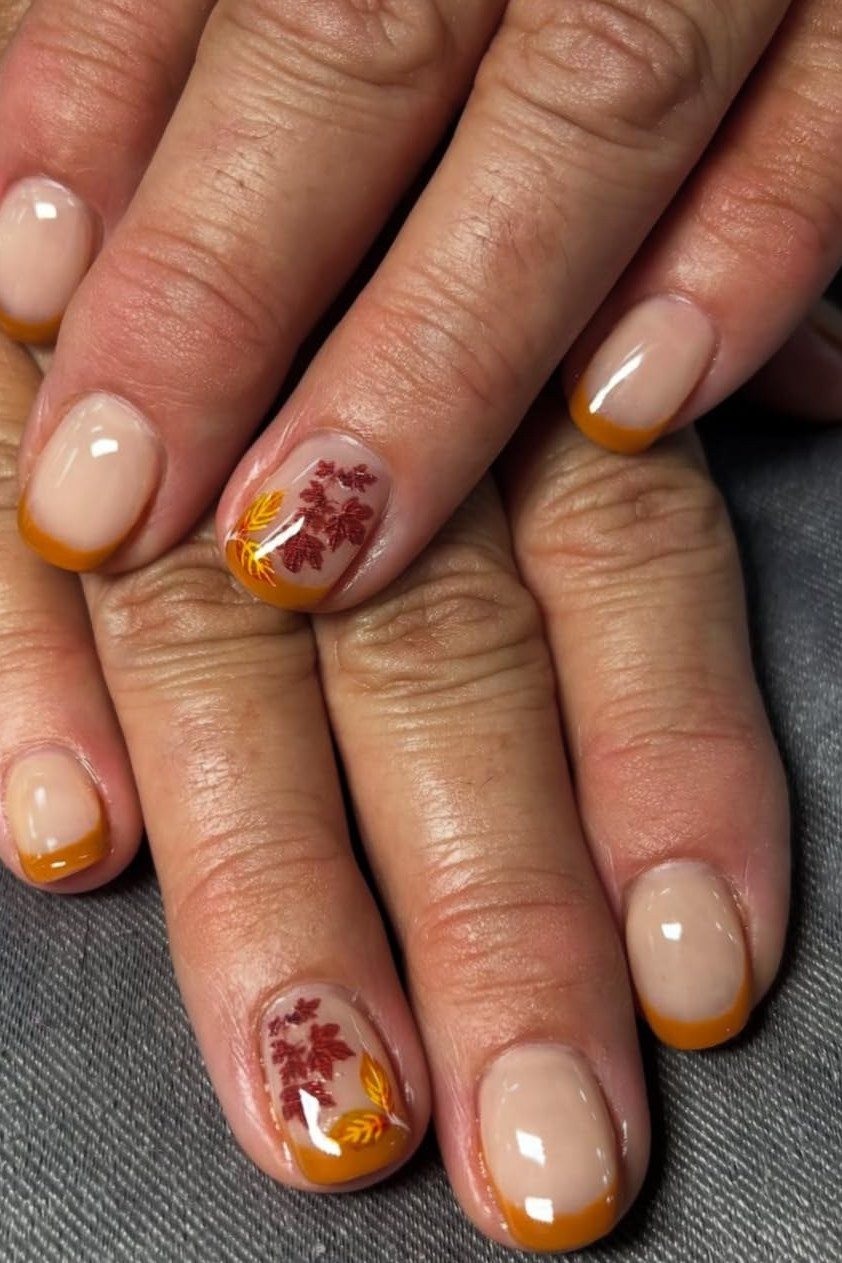 Burnt-Orange Tips with Leaf Art, fall nail color for women over 60