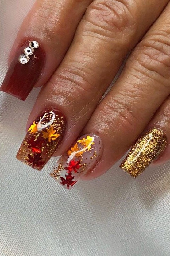Burgundy with Gold Leaf Art, fall nail color for women over 60