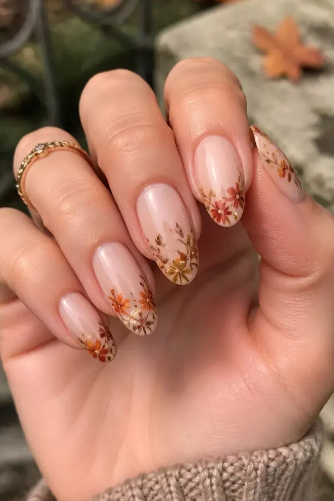 Nude with Fall Leaf Tips, fall nail color for women over 60