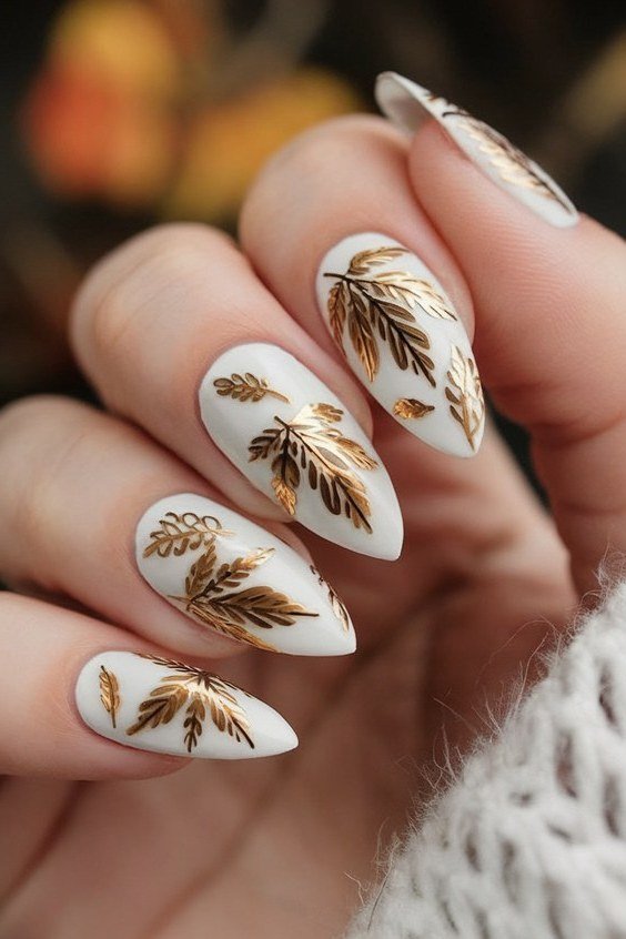 Gold Leaf Botanical Art, fall nail color for women over 60