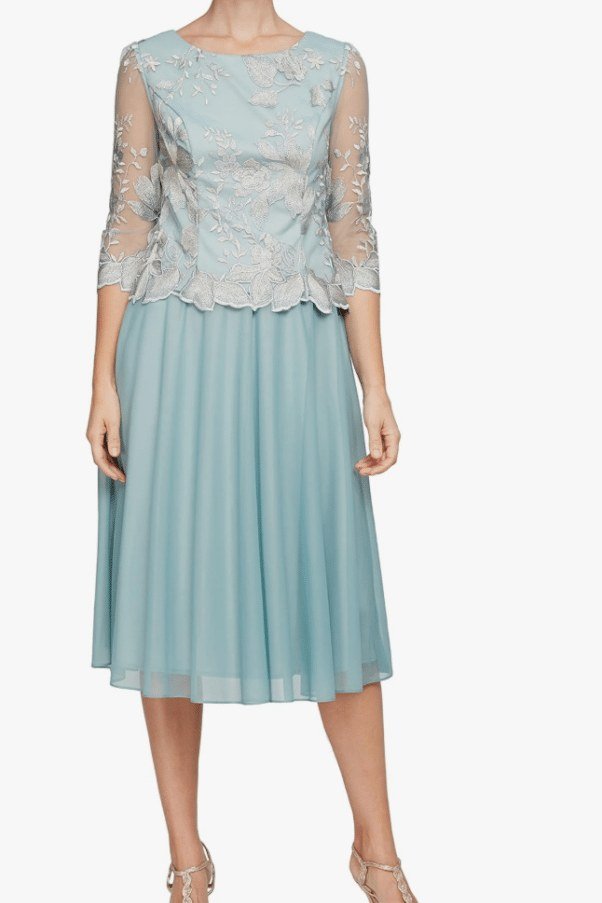 mint lace top with pleated mint midi skirt, product shot - fall outfit idea for women over 70