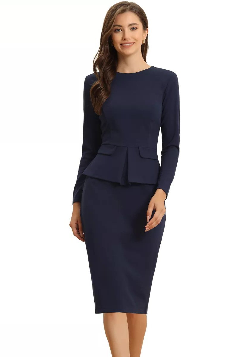 navy peplum sheath dress with 3/4 sleeves, product shot - fall outfit idea for women over 70
