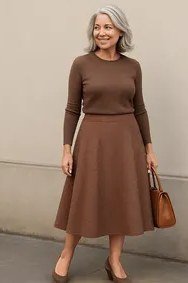 brown knit top with brown A-line skirt and tan bag, older woman - fall outfit idea for women over 70