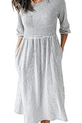 gray striped sleeveless midi dress, headless product shot - fall outfit idea for women over 70