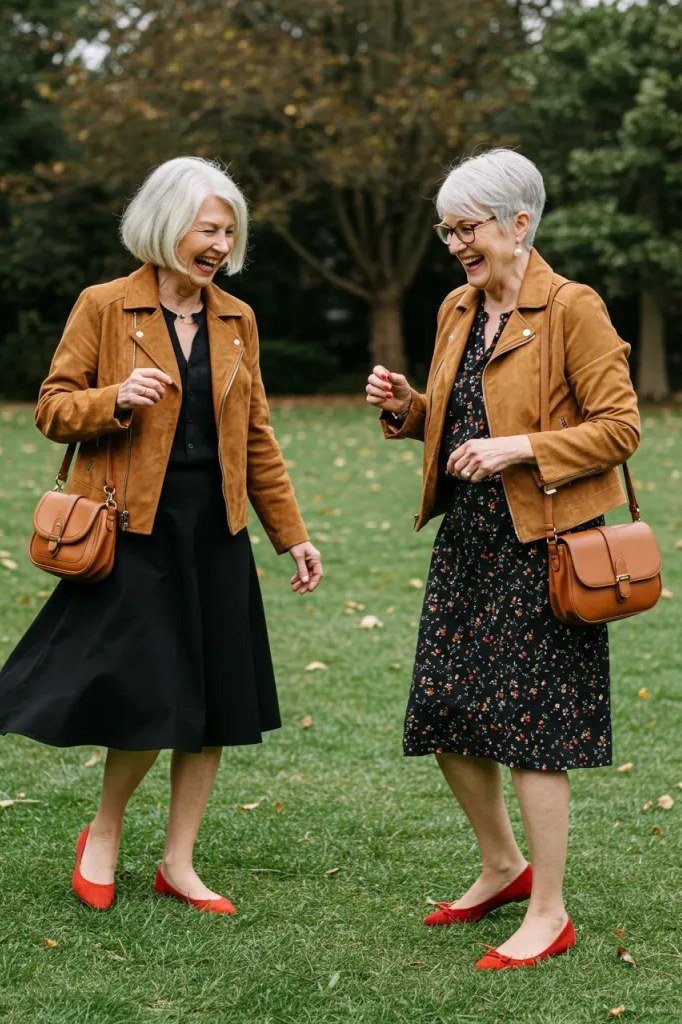 two older women in tan suede jackets with dark dresses and red flats - fall outfit idea for women over 70