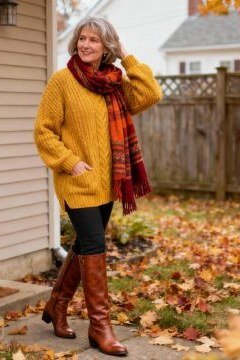 mustard sweater with rust scarf, dark jeans and brown boots among fall leaves - fall outfit idea for women over 70