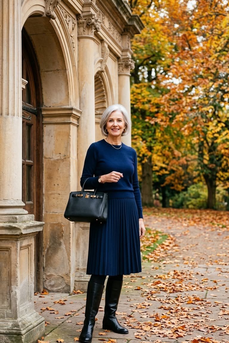 navy midi dress with black boots and black bag on autumn street - fall outfit idea for women over 70