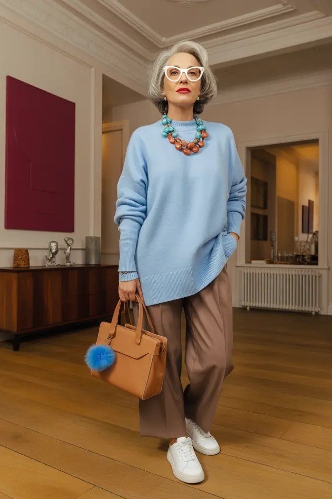 light blue sweater with brown trousers, colorful necklace and tan bag - fall outfit idea for women over 70