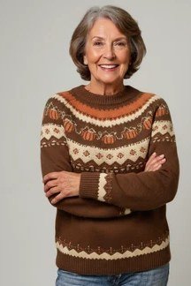 brown fair isle yoke sweater with jeans, older woman - fall outfit idea for women over 70
